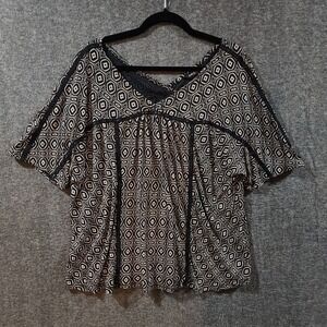 Lucky Brand Hayley Geo Print Short Sleeve Shir Black Cream‎ V-Neck Plus Sz 3X
